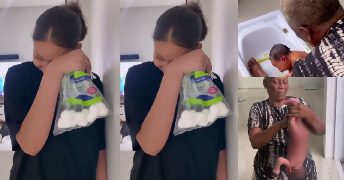 BBNaija star, Omashola’s fiancée goes emotional on seeing his mum bathe their son the African way (video)