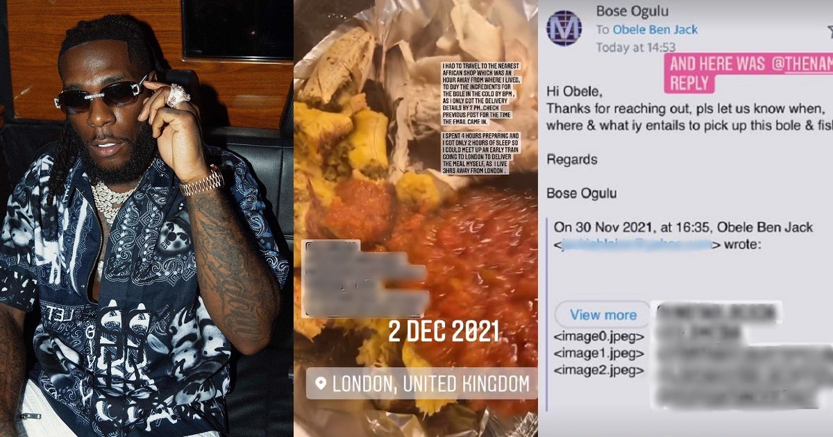 Lady calls out singer Burna Boy for failing to pay for Bole and Fish she delivered to him in London, shares proof (video/screenshots)