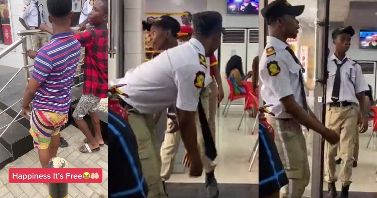 Two security guards who were sacked for dancing on duty show up at their former workplace to dance in front of their replacement.