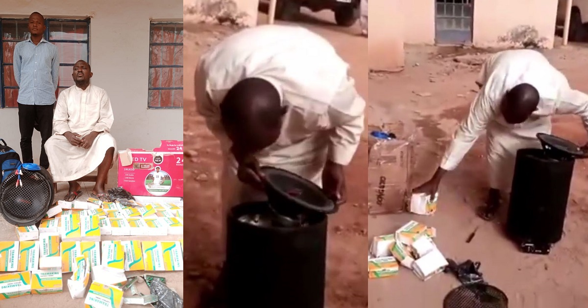 Drug dealer who disguises as an electrician and hides drugs inside a sound speaker apprehended in Adamawa state (photos/video)