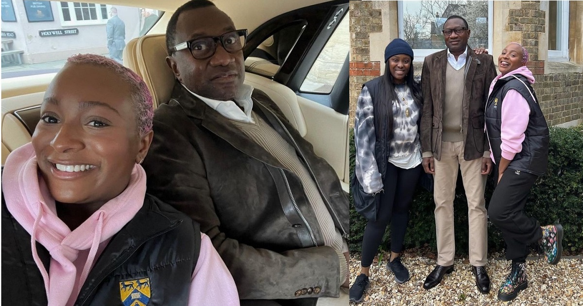 “Beauty with brains” – Femi Otedola boasts about daughter, DJ Cuppy, as he visits her in Oxford