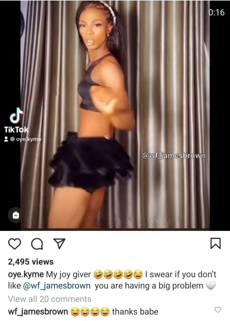 “My joy giver” – Bobrisky’s former PA, Oye gushes over James Brown; he replies 4 jb