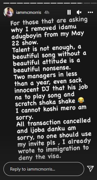 “A beautiful song without a beautiful attitude is a beautiful nonsense” – MC Morris says as he removes Portable from his Canada show over his management saga 3 mc morris