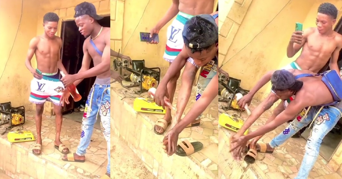 “Trenches riches, how much he collect sef?” — Nigerians react to video of young man washing his mate’s feet with a bottle of wine (WATCH)