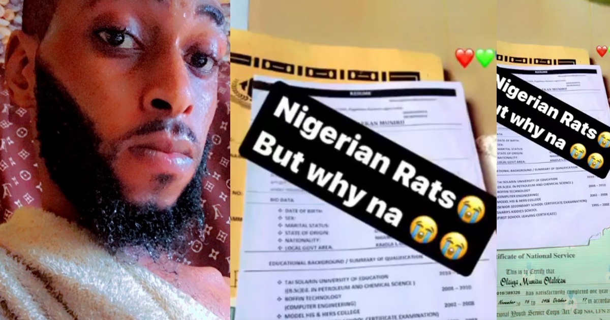 Jobseeker cries out as rats desecrate his C.V and certificates after 8 years of job hunting