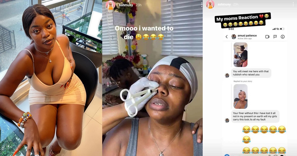 “I feel the shame of my daughter turning to BBN Angel” – IG Comedienne, Ashmusy shares screenshot of how her mother reacted after she pierced her nose