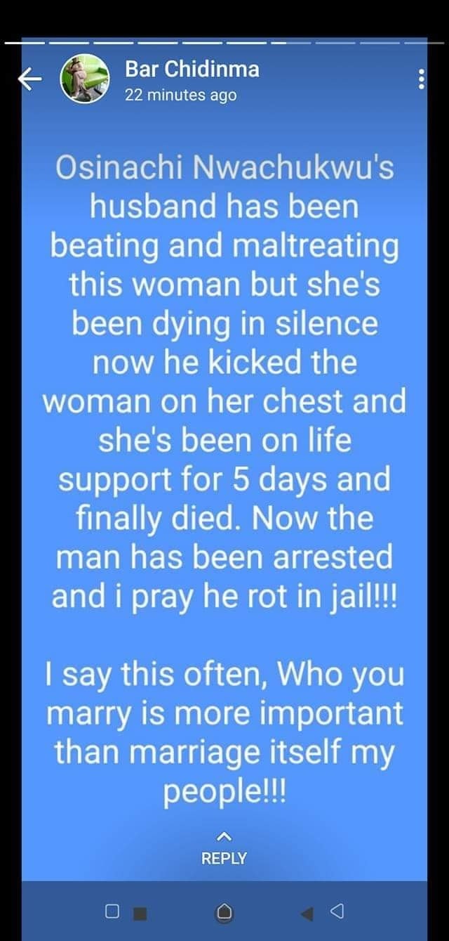 “She died of perpetual domestic violence” – Friend of late gospel singer, Osinachi Nwachukwu alleges 5 bar