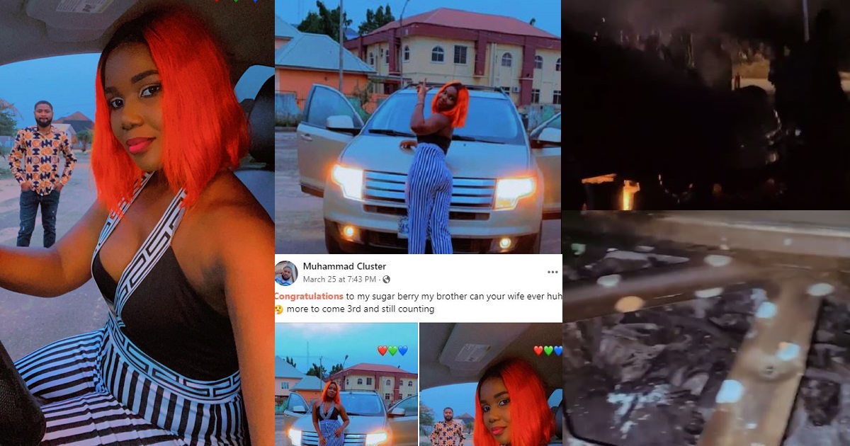 Car gift a lady received from her husband goes up in flames minutes after it was flaunted online (video)