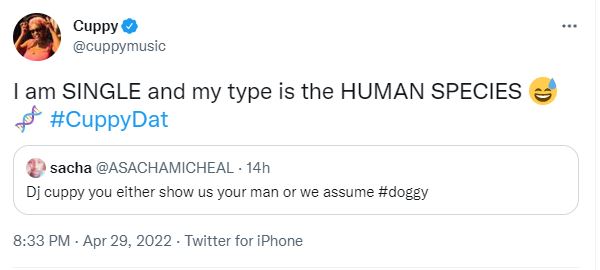 ”Show us your man” – Fan question DJ Cuppy about her relationship with her dogs, she responds 3 cup