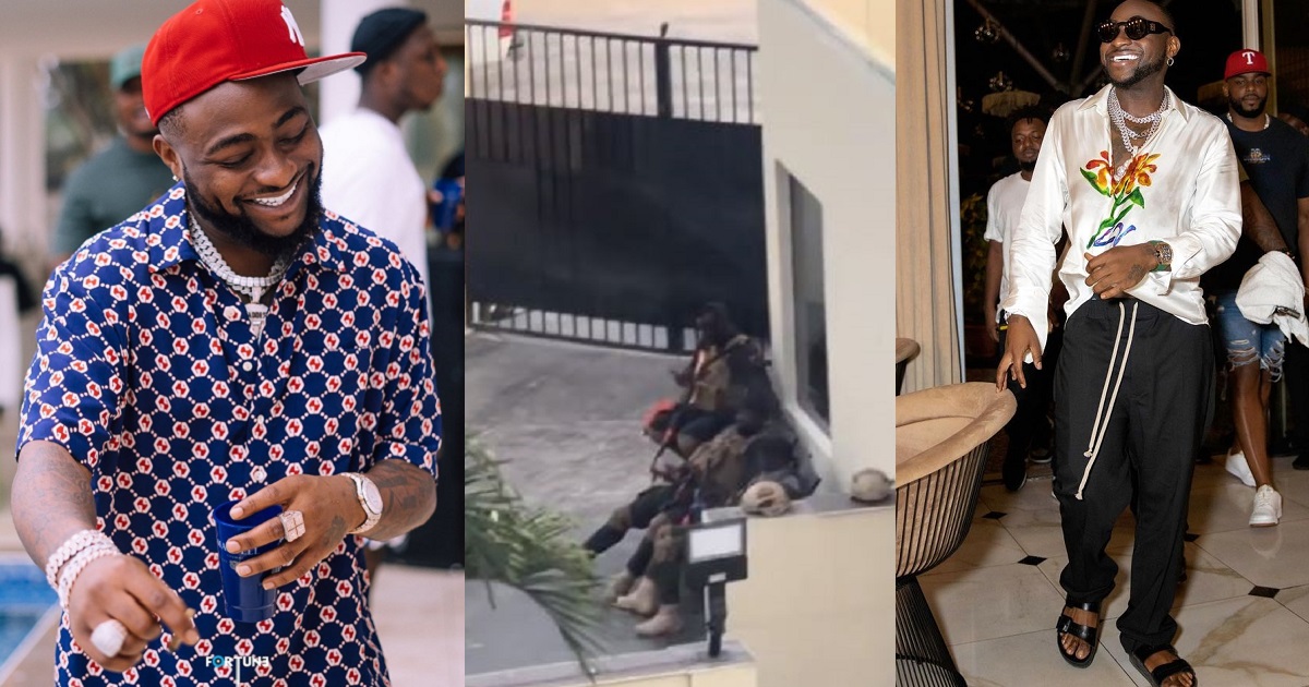 “Think twice before you pull up on me” – Davido warns as he shows heavily-armed personnel guarding his Banana Island mansion