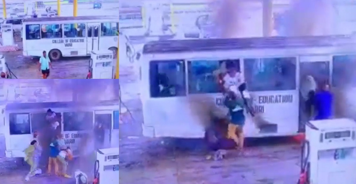 At least 30 corps members narrowly escaped death as their bus went up in flames at a fuel station in Warri (video)