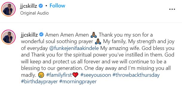 Emotional moment Funke Akindele’s son prays deeply for daddy 