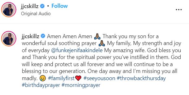 Actress, Funke Akindele’s husband, JJC Skillz shares heartwarming video of their son praying for him (video) 5 ftgb