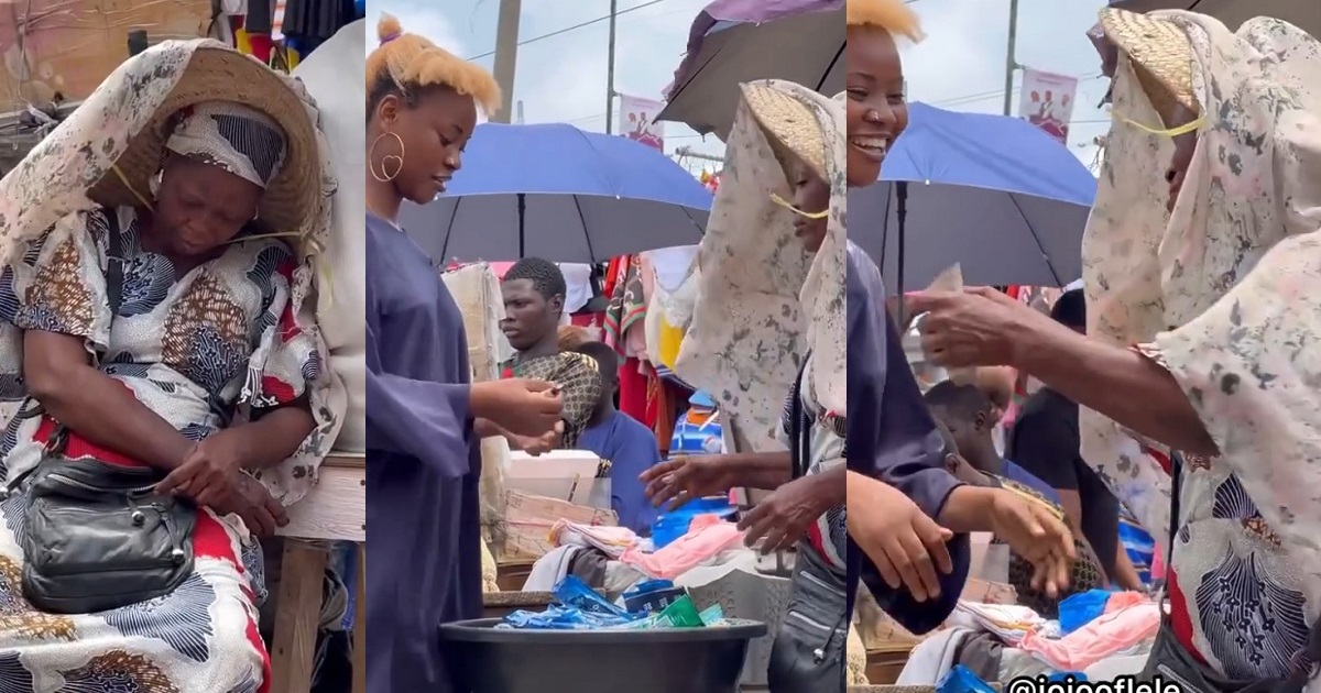 Nigerians react as young lady blesses elderly market woman she spotted dozing off while selling her goods (Video)