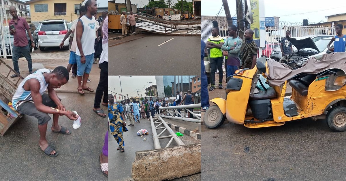 Man escapes death as huge billboard falls on tricycle in Lagos (video)