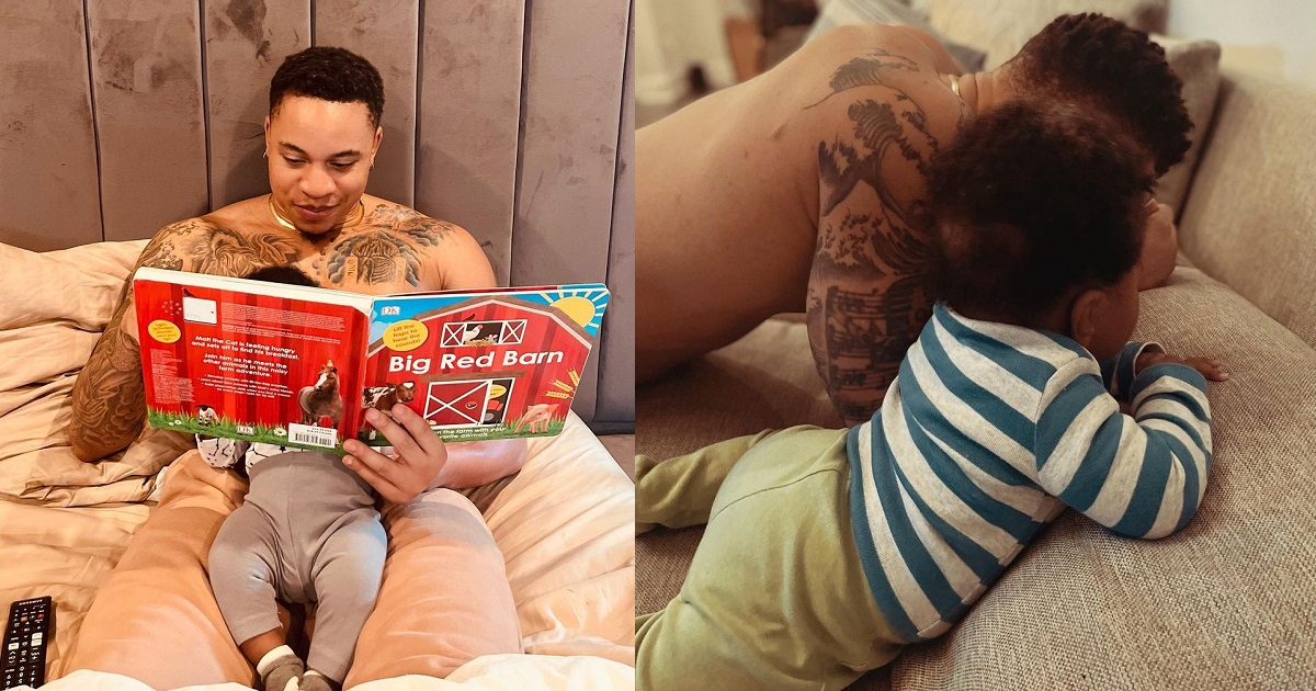 “Start them early with God” – Power star, Rotimi says as he shows his months-old son ‘praying’ with him