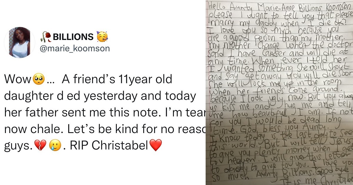 “Please marry my daddy” – Little girl pens an emotional note to her Father’s friend shortly before she d!ed of cancer
