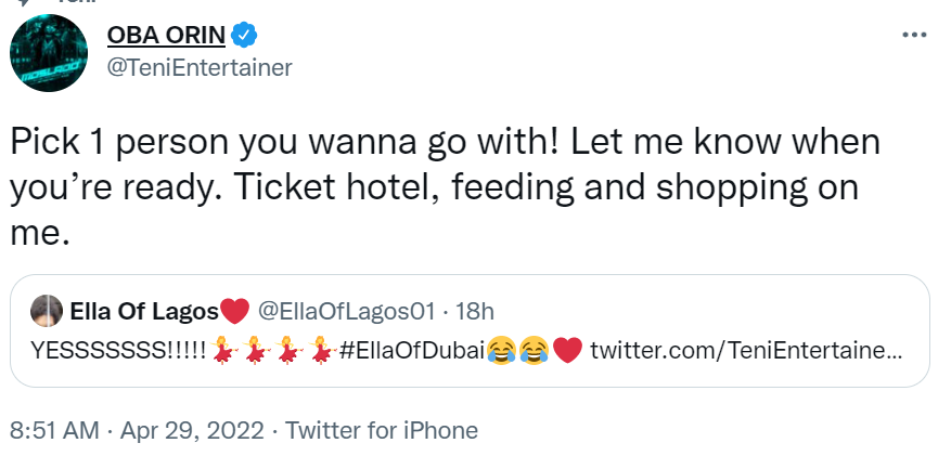 Singer, Teni offers to take fan who has never travelled abroad on an all-expense paid trip to Dubai 5 teni02