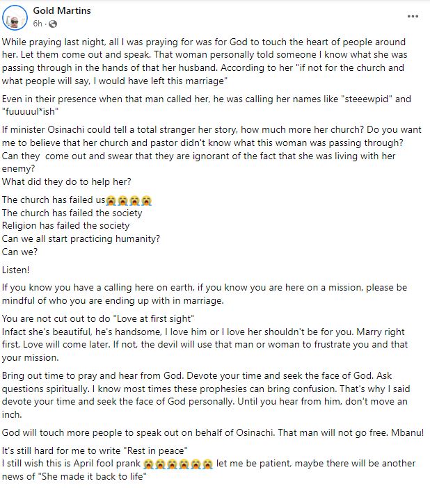 “She died of perpetual domestic violence” – Friend of late gospel singer, Osinachi Nwachukwu alleges 4 yjyj
