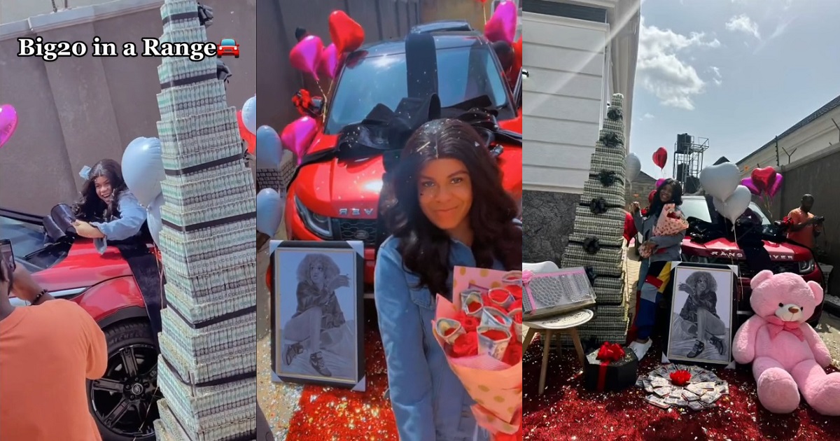 Lady tensions social media as she receives Range Rover SUV, money tower and many other gifts for her 20th birthday (VIDEO)
