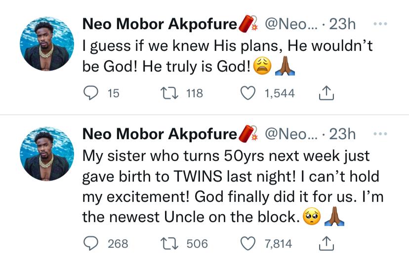 Neo Akpofure sister welcomes