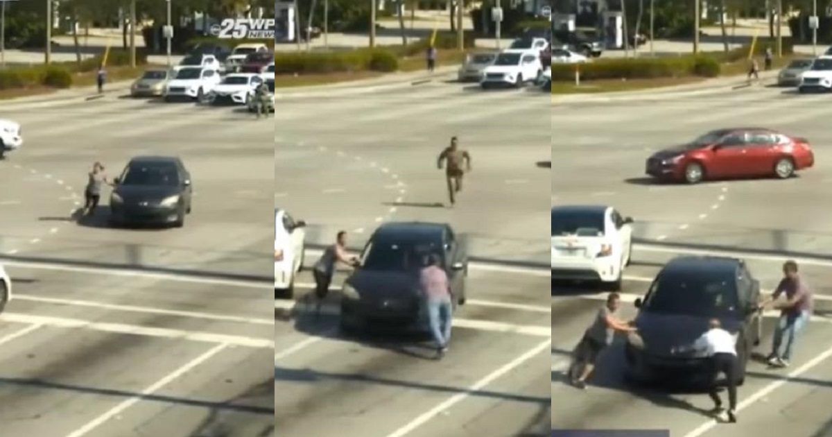Moment good Samaritans helped to stop a woman's car after she suffered