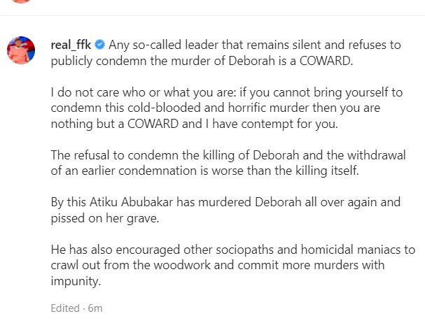Alleged Blasphemy: Any so-called leader that remains silent and refuses to publicly condemn the murder of Deborah is a Coward – FFK 4 ase