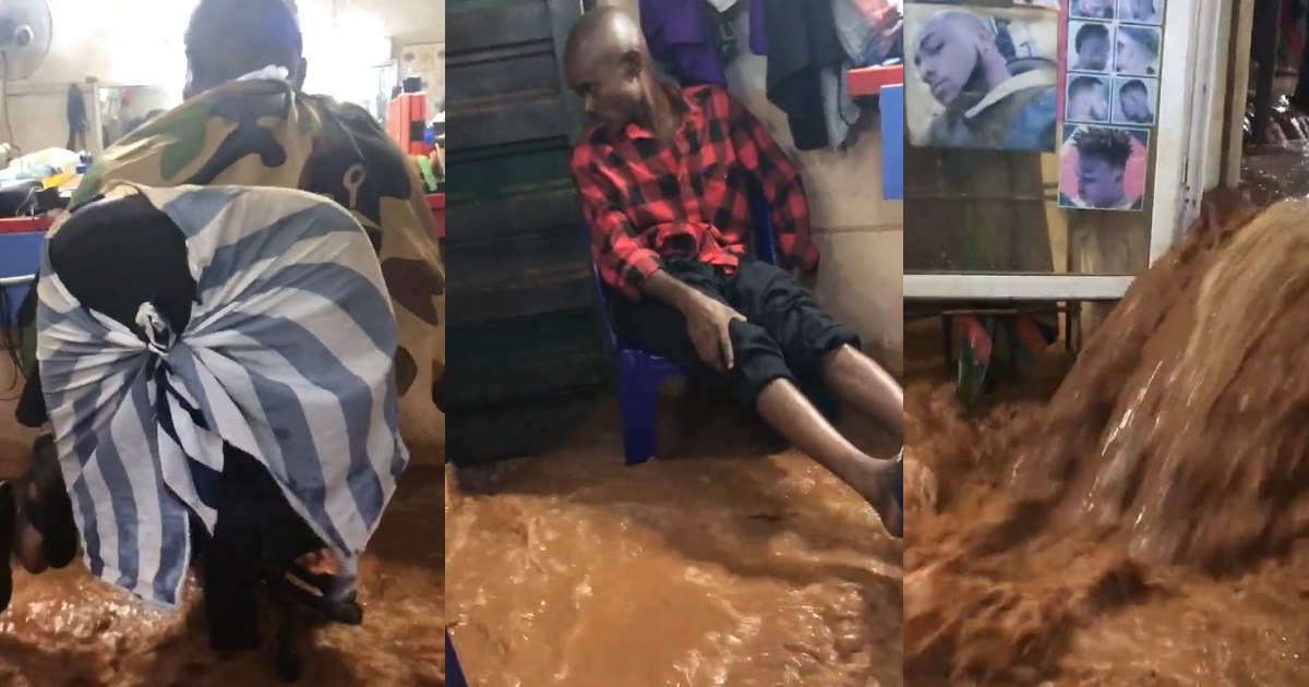 “This is very unprofessional” — Man bemoans state he was in after downpour flooded the barber shop he patronized in Imo state (Video)