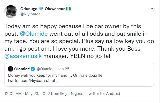 Rapper, Olamide gifts new car to man he slammed for ‘begging’ on Twitter months ago 6 man car