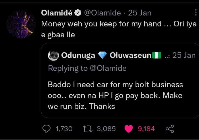 Rapper, Olamide gifts new car to man he slammed for ‘begging’ on Twitter months ago 4 olam