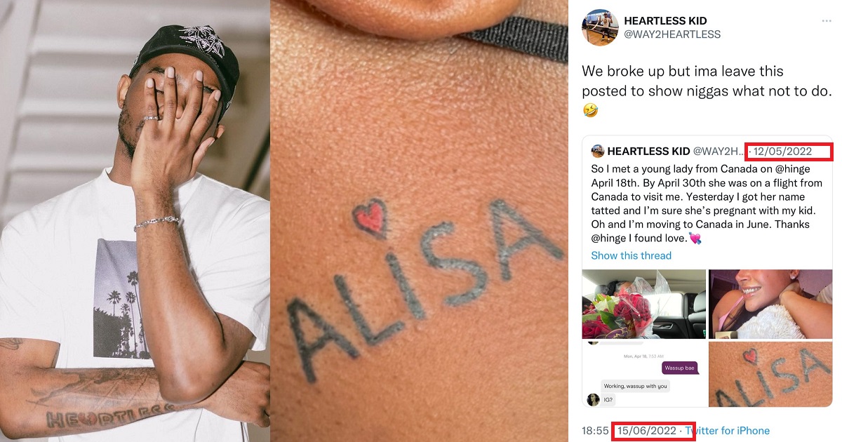 Man advises people against tattooing their partner’s name as his relationship of two months crashes after inking his girlfriend’s name on his body