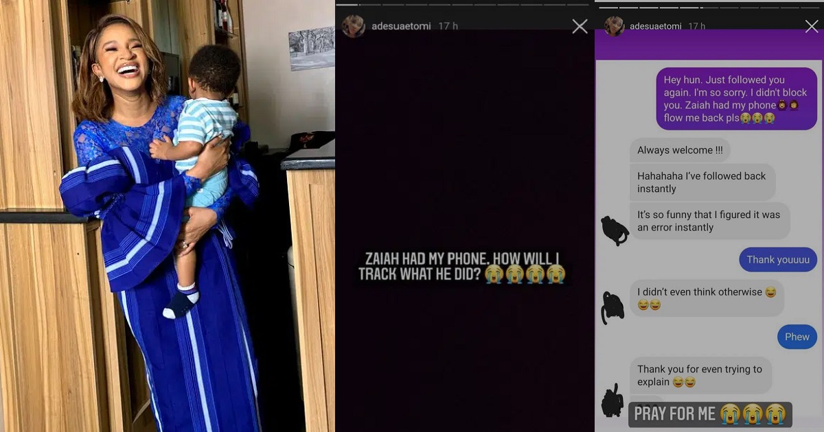 Actress, Adesua Etomi reacts after her one-year-old son took her phone and blocked people on IG