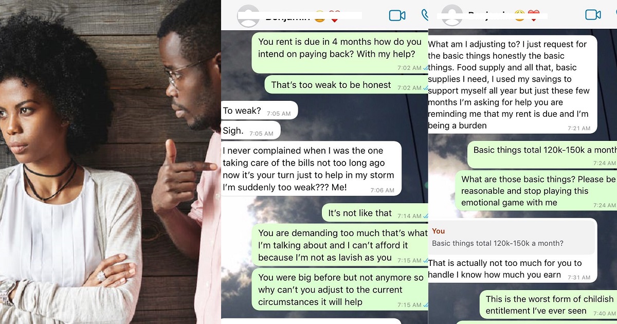 “Should a woman cater for a man?” — Conversation between a lady and her boyfriend who lost his means of earning money sparks debate online (Screenshots)