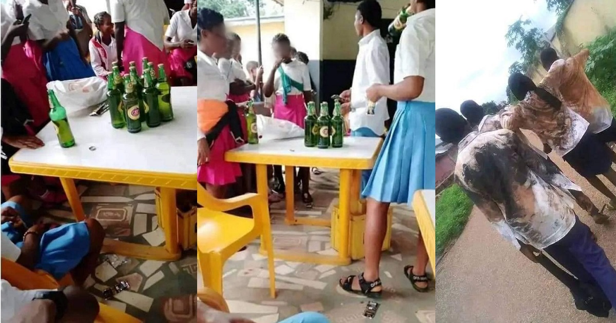 Secondary school students celebrate end of WAEC exams in beer parlour (Photos)
