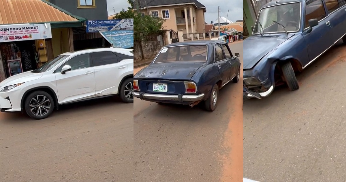 Man whose Peugeot 504 car got damaged after it collided with an expensive Lexus SUV, demands his car must be repaired despite being at fault (VIDEO)