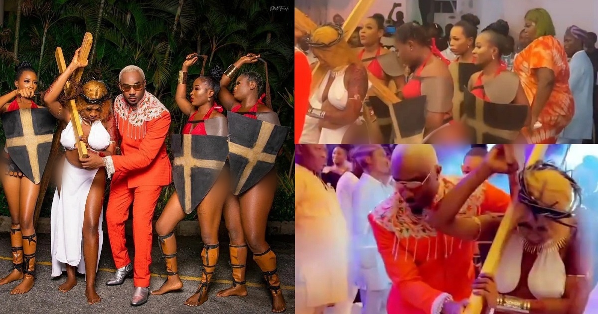 Socialite, Pretty Mike storms Funnybone’s wedding ceremony with semi-nude ladies depicting story of ‘Jesus’ carrying the cross to Golgotha (Photos/video)