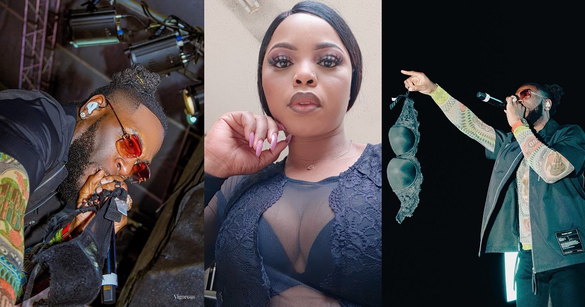 Lady proudly announces that she gave Burna Boy her bra, shares photos of him holding it up