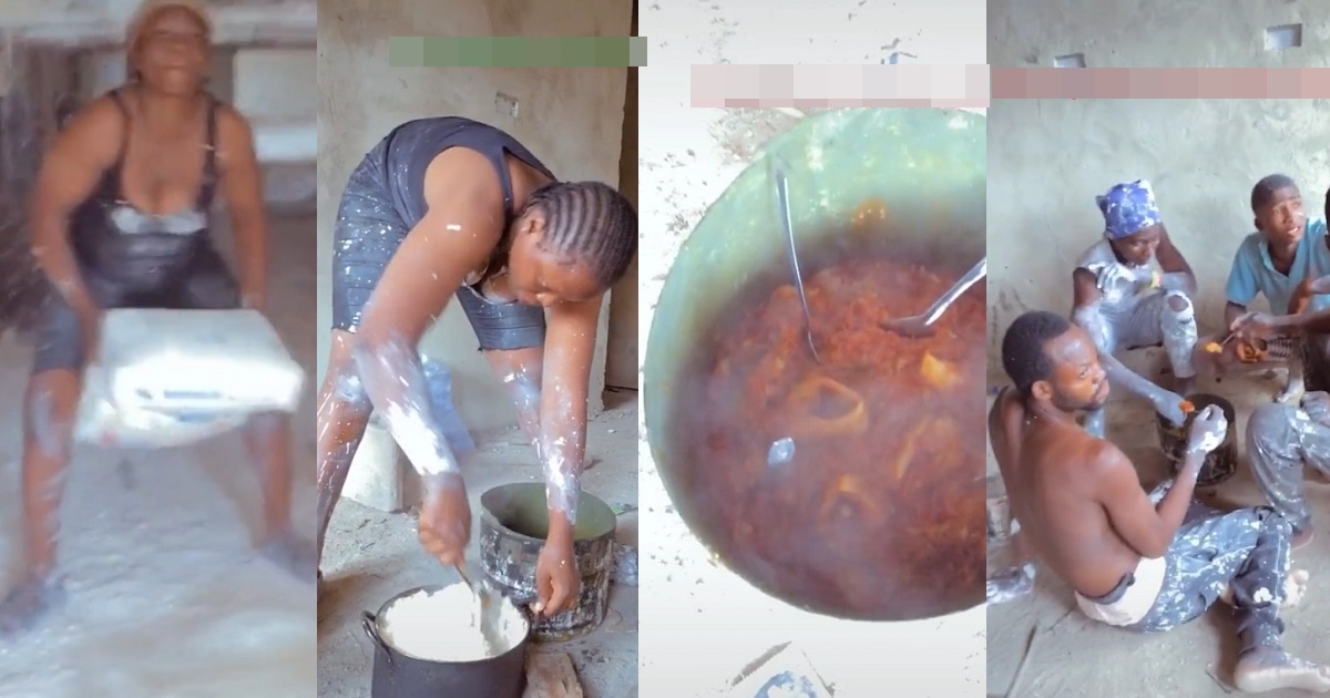 Beautiful Lady working at a Construction Site Who Also Prepares Jollof Rice for Her Colleagues To Eat goes viral online(VIDEO)