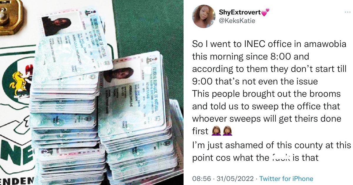“They brought out brooms and told us to sweep INEC office” – Lady shares her frustrating experience while trying to get her Voter’s Card in Awka