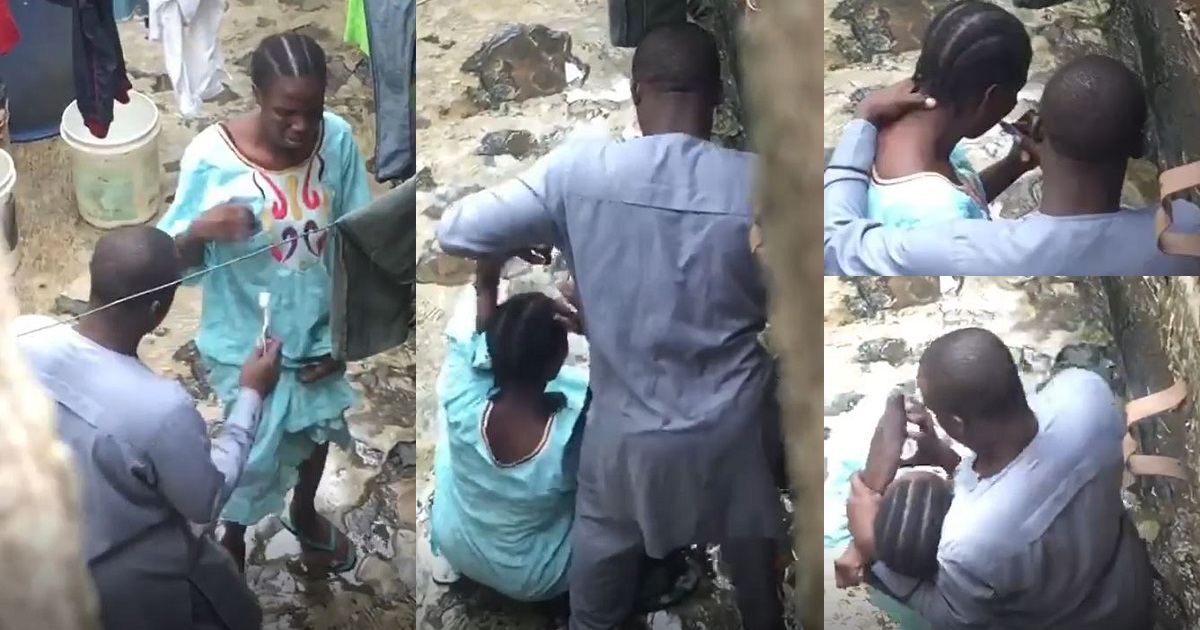 Nigerian man caught on camera assaulting his wife while forcefully brushing her teeth (video)