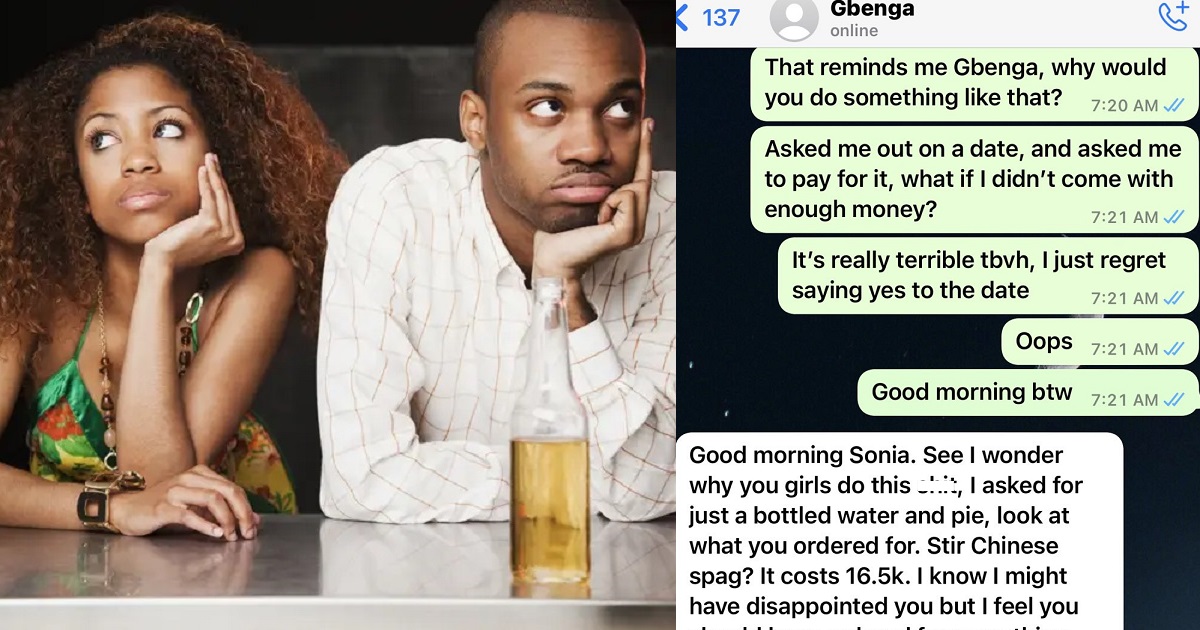 Lady shares message she received from a man who asked her out on a date and made her pay for what she ordered
