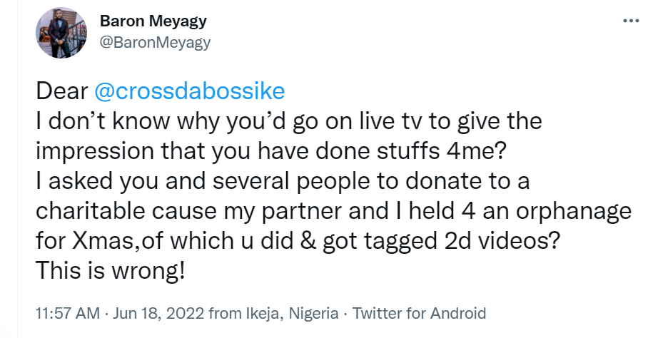 “Going on live tv to give the impression that you have done stuff for me is wrong” – BBNaija star, Angel’s father tackles Cross 4 sdf
