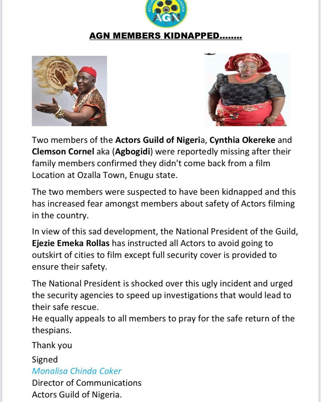 Nollywood Actors, Cynthia Okereke and Clemson Cornel have been kidnapped -  Net Nolly