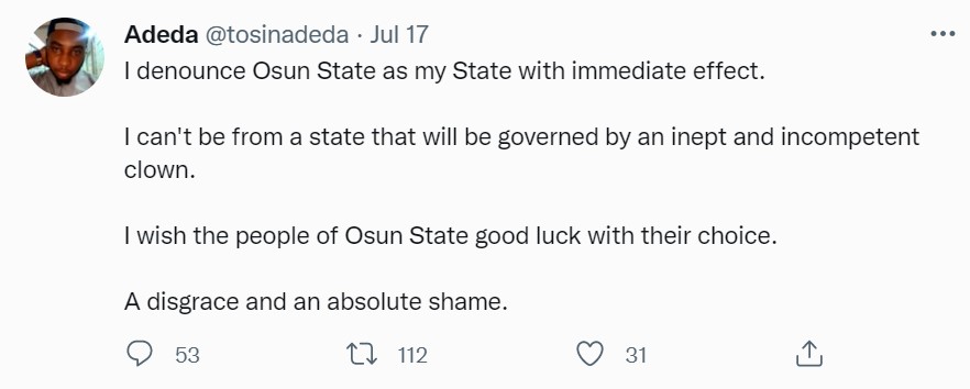 Man denounces Osun as his state of origin after Adeleke won the governorship election