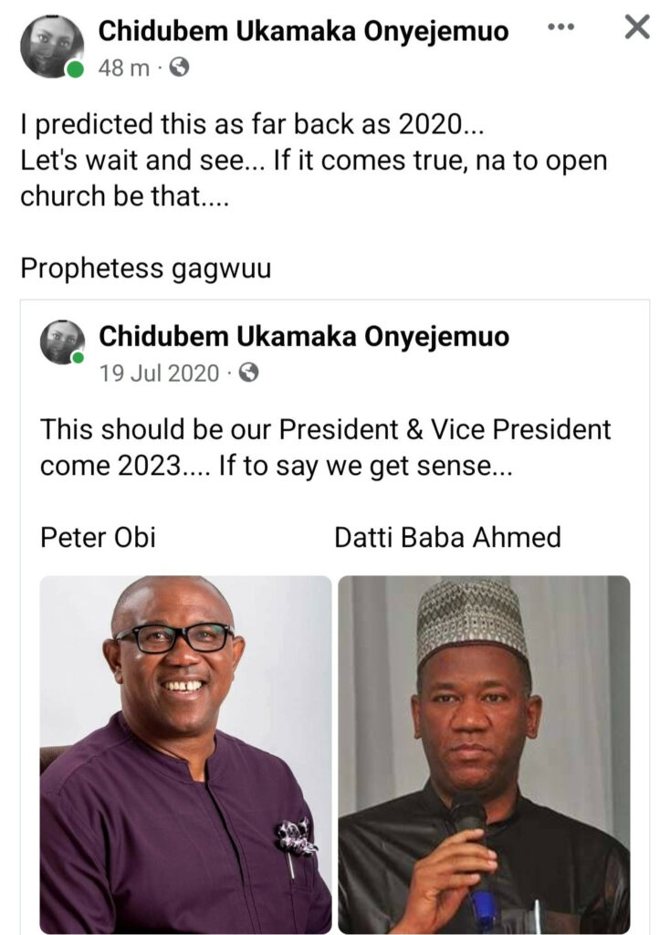 Lady who predicted a Peter Obi and Datti Ahmed ticket back in 2020 hailed a “prophetess” as her prediction comes true 4 chidu