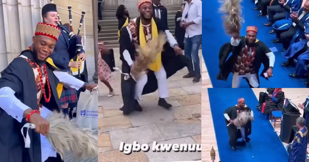 Nigerian man wears an isiagu and does an Igbo cultural dance after