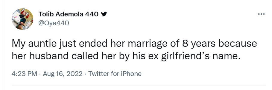 Wife reportedly ends eight-year marriage because her husband called her his ex-girlfriend’s name
