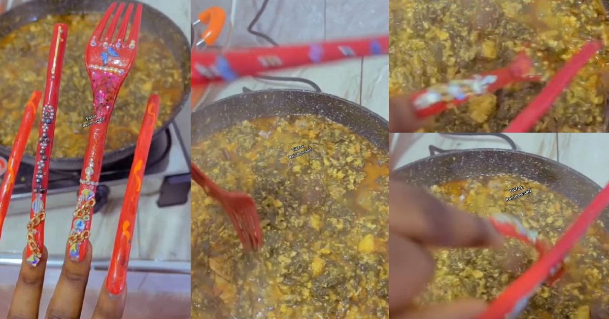 “This is unhygienic” – Reactions as slay queen stirs soup with cutlery-inspired acrylic nails (Video)