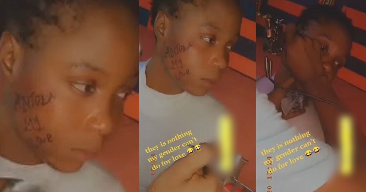 Reactions as young lady tattoos boyfriend’s name on her face (Video)