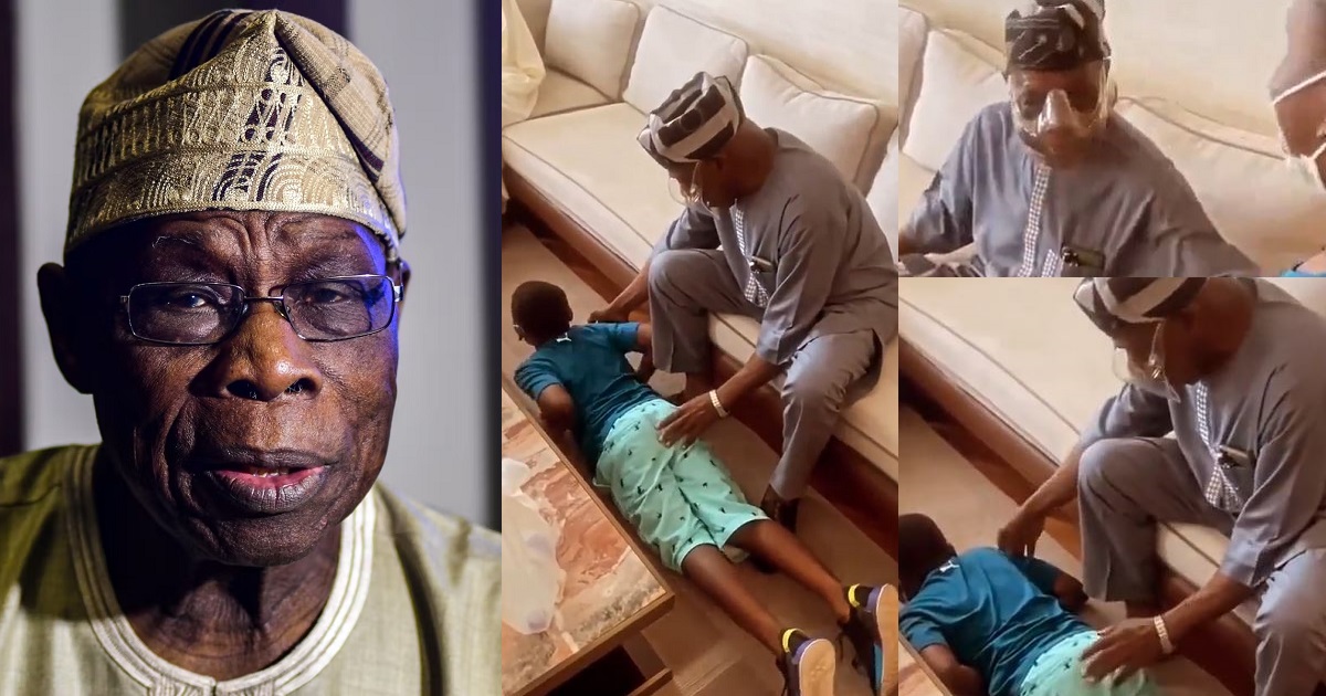 Ex-president, Obasanjo captured teaching his grandson how to properly prostrate while greeting (Video)